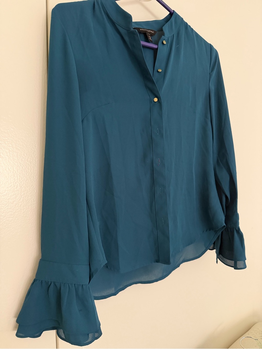Sheer BR Teal Long Sleeve Ruffle Cuff Blouse